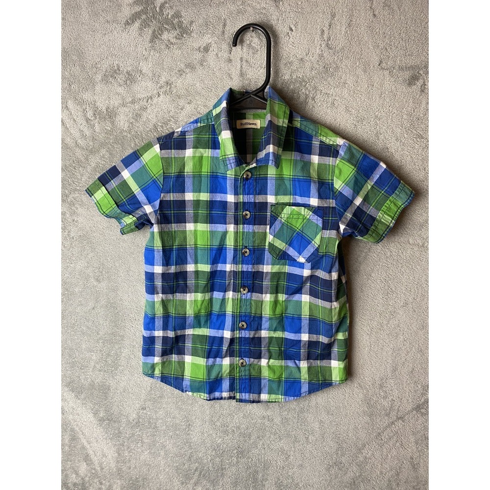 Ruff Hewn Boys 5 Plaid Short Sleeve Shirt Green Blue
